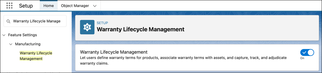 Warranty Lifecycle Management setup page in Setup.