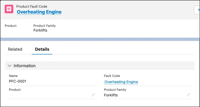 A product fault code showing the code set and its associated product family.