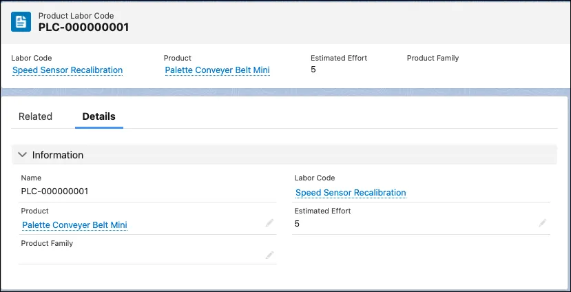 A product labor code showing the code set, its associated product family, and estimated effort.