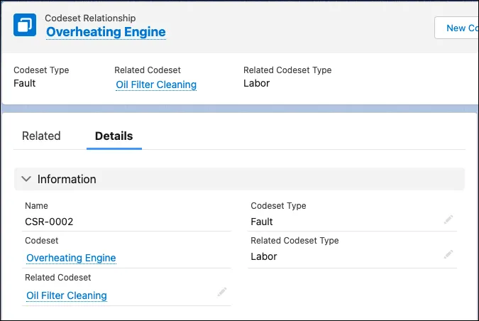 A codeset relationship that associates a fault code set for an overheating engine with a labor code set for an oil filter cleaning.