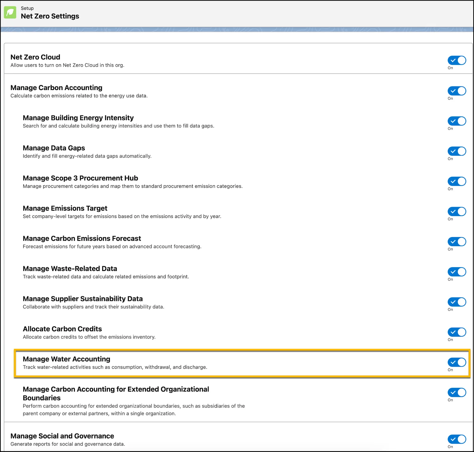 The Manage Water Accounting feature enabled in Net Zero Settings