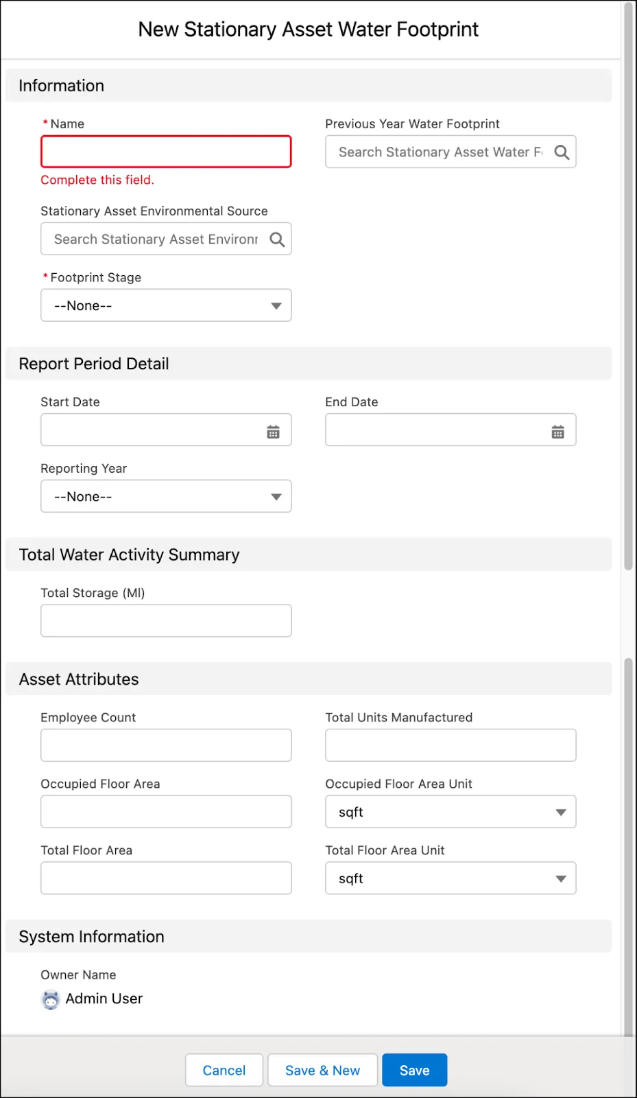 The New Stationary Asset Water Footprint window.