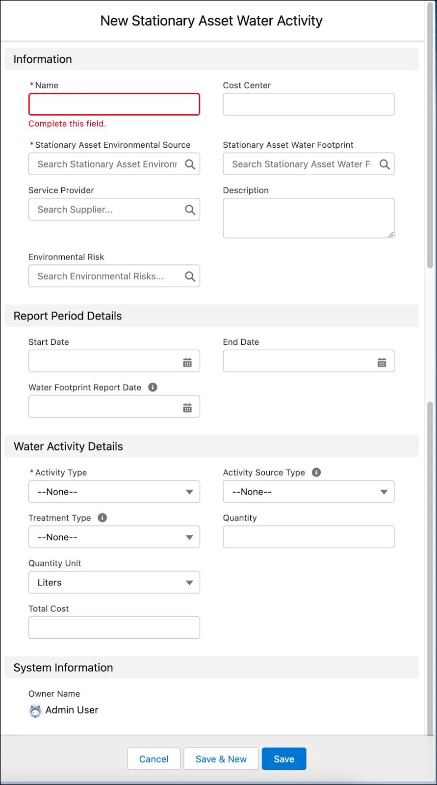 The New Stationary Asset Water Activity window.