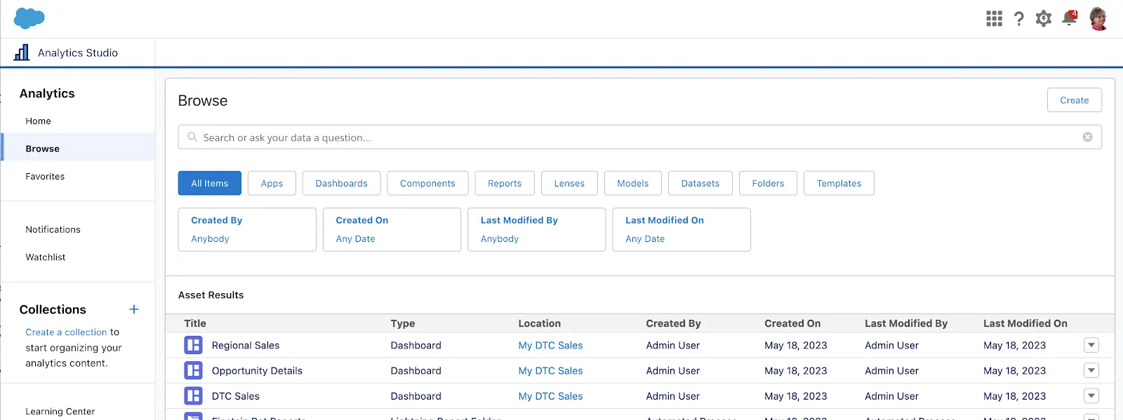 Analytics Studio with Browse selected in the left navigation panel