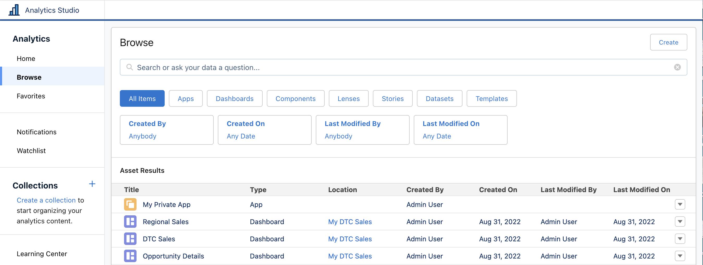 Analytics Studio with Browse selected in the left navigation panel