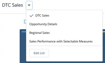 Selecting other views from the DTC Sales dashboard.