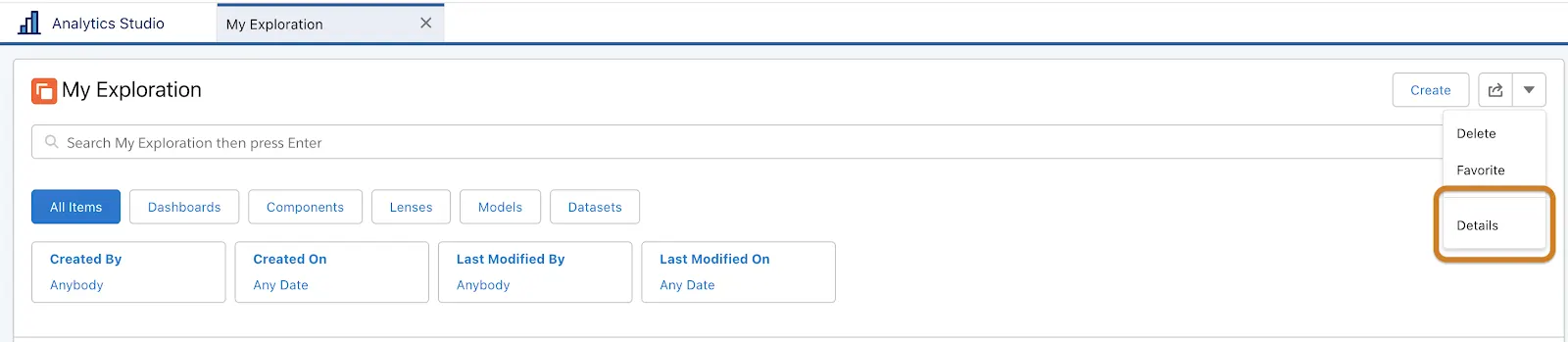 Application Mon Exploration avec le menu déroulant de droite ouvert et l’élément Détails mis en évidence