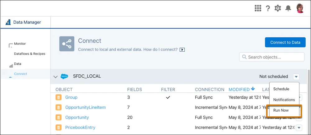 The Run Now option from the dropdown list against the SFDC_LOCAL connection.