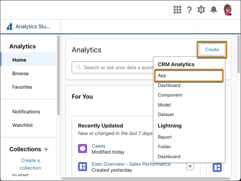 The CRM create app button and selector