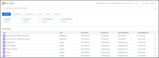 The Execs Only basic app dashboards and datasets list