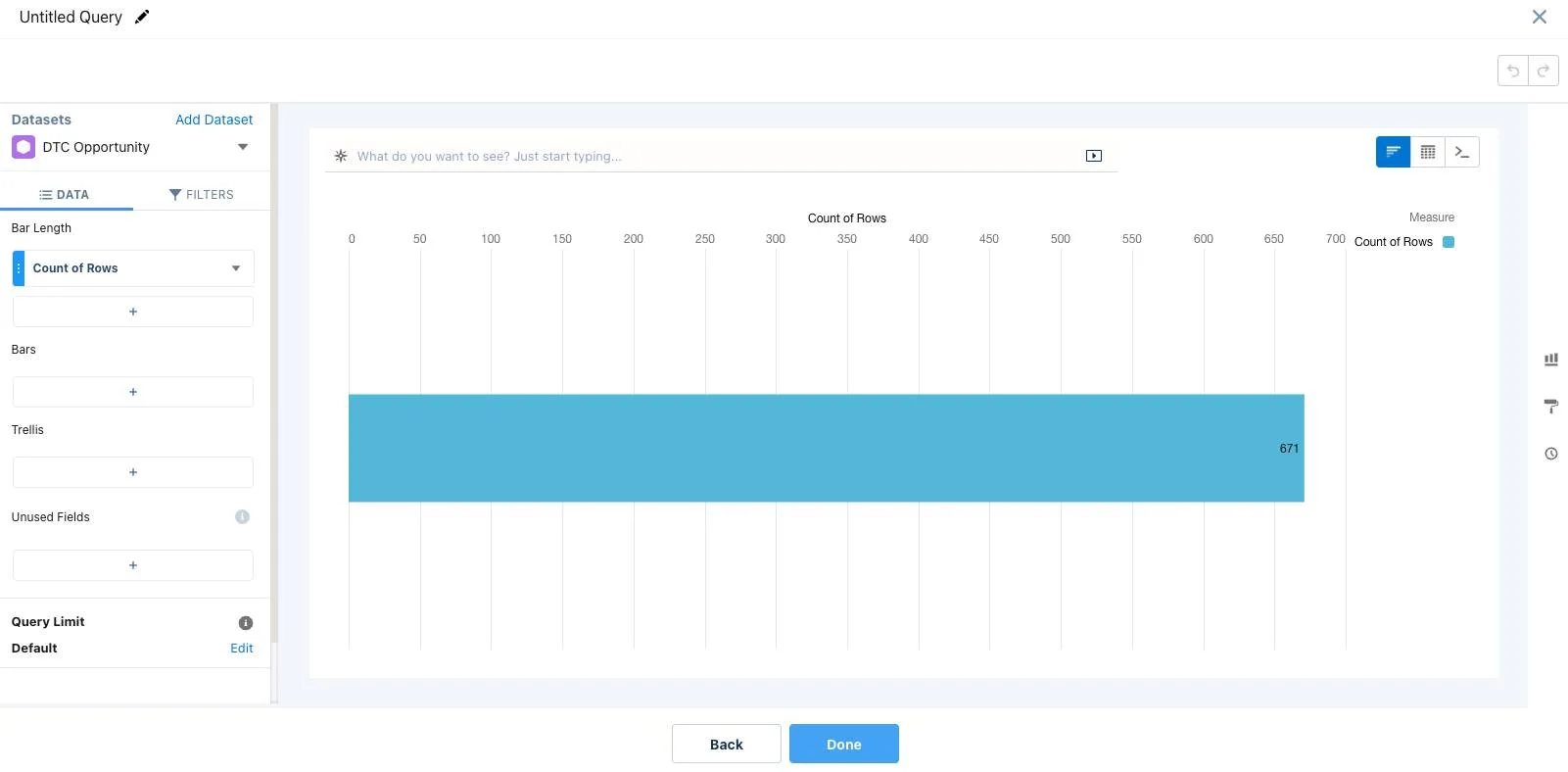 The explorer shows the total number of rows in the selected dataset as a horizontal bar chart, by default.