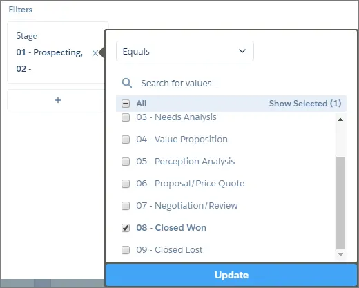 Aus den möglichen Filterwerten für das Feld 'Stage' wird nur der Wert '08 - Won' ausgewählt.