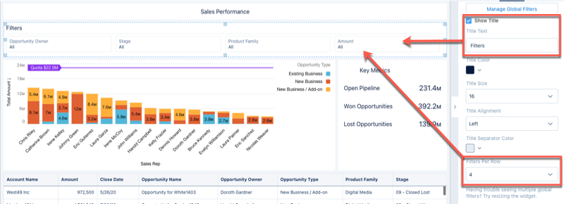 O widget de filtro global mostra quatro filtros por linha.