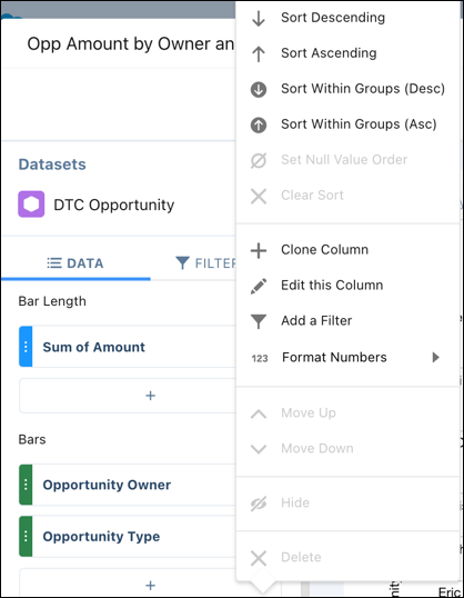 The measure menu includes options to sort the results in addition to other things.