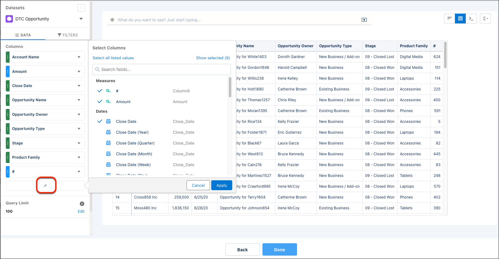 The values table shows some default columns, which you can change.