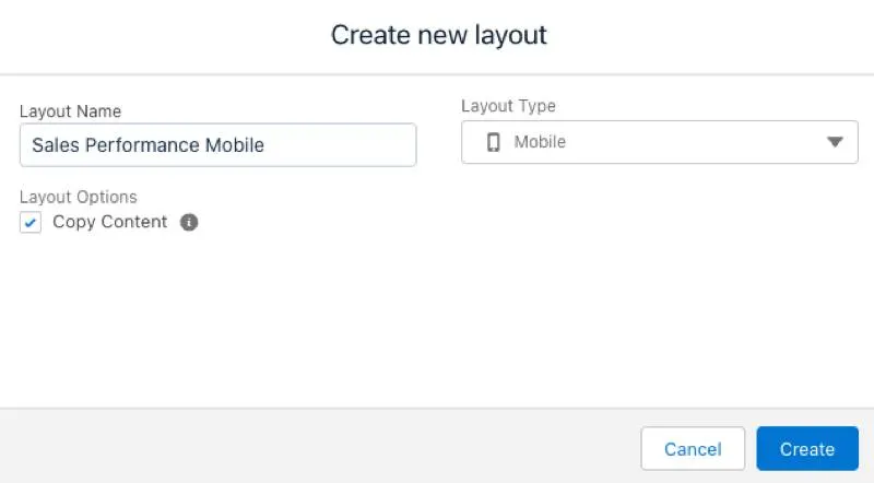 The Manage Layouts page lists all previously created layouts and allows you to create a new one.