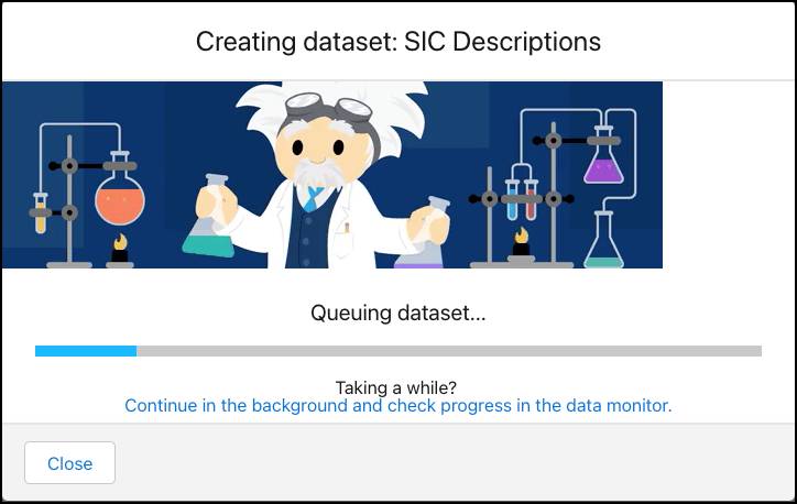 The Creating dataset dialog, showing the progress in creating the SIC Descriptions dataset.