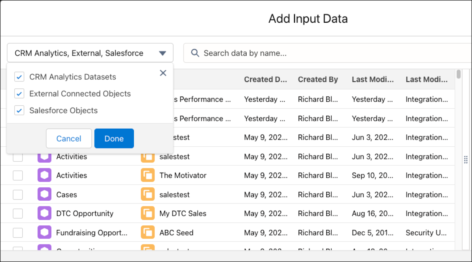 The Add Input Data screen, showing the options to select input data type.