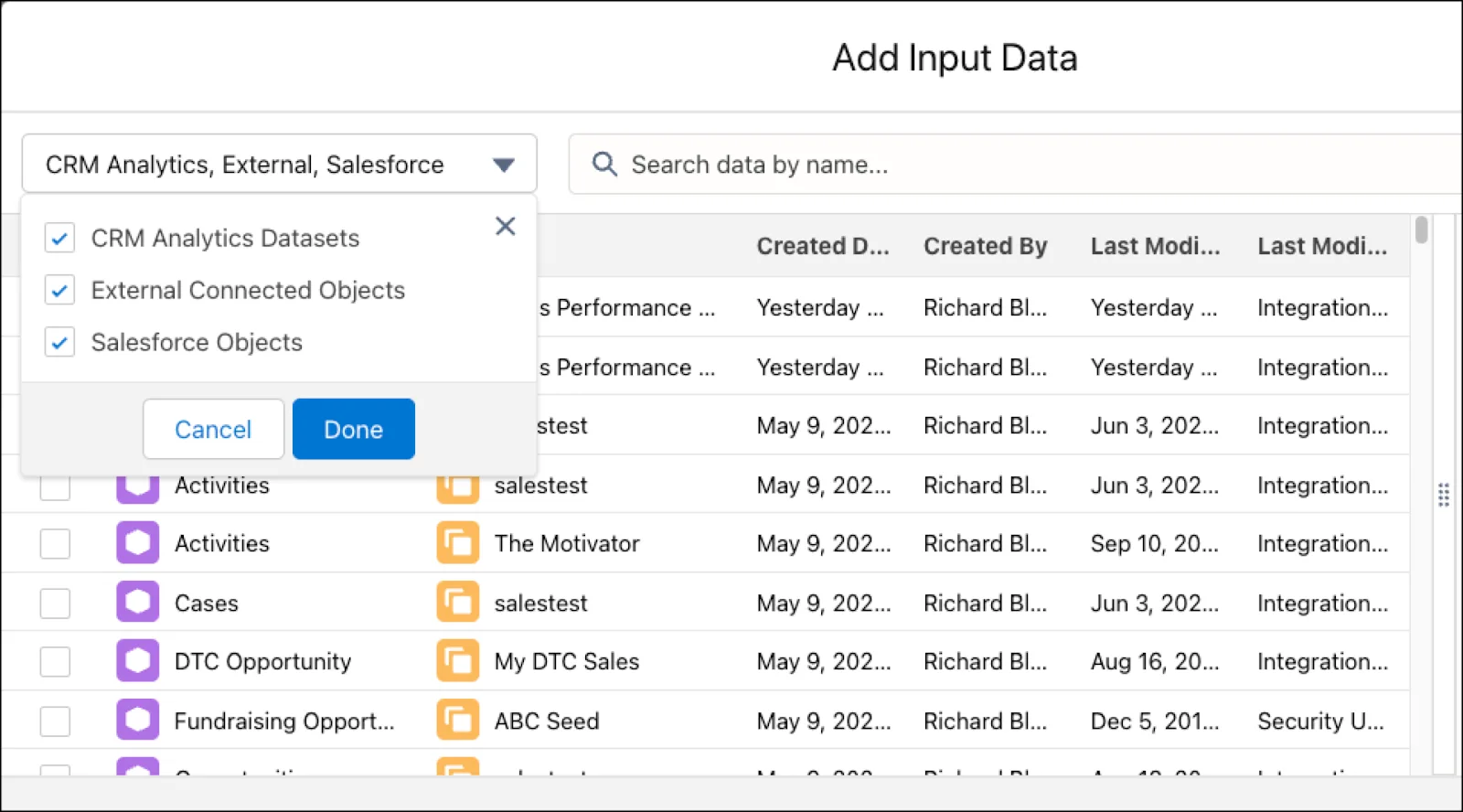 The Add Input Data screen, showing the options to select the input data type.