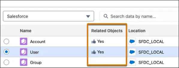 The Related Objects column showing objects that relate to the objects in the preceding node.