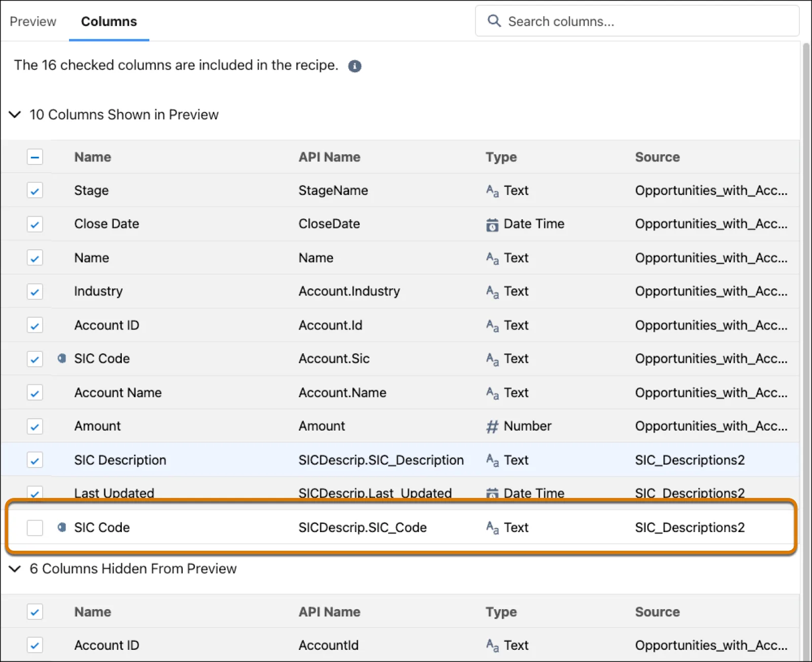 The Recipe editor dataset preview Columns list, showing SIC Code unchecked to exclude it from the output.