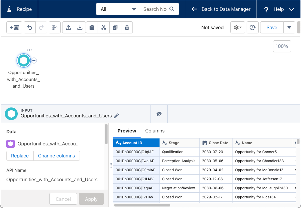 El editor de recetas, donde se muestra una vista previa del conjunto de datos Opportunities_with_Accounts_and_Users.