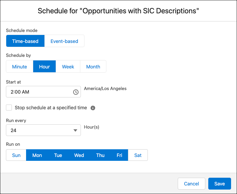 El cuadro de diálogo Programar, donde se muestra la programación para Oportunidades con descripciones SIC.