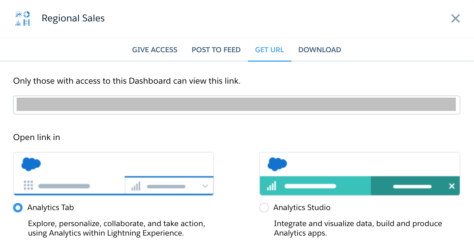 Dialog for sharing the URL to a dashboard