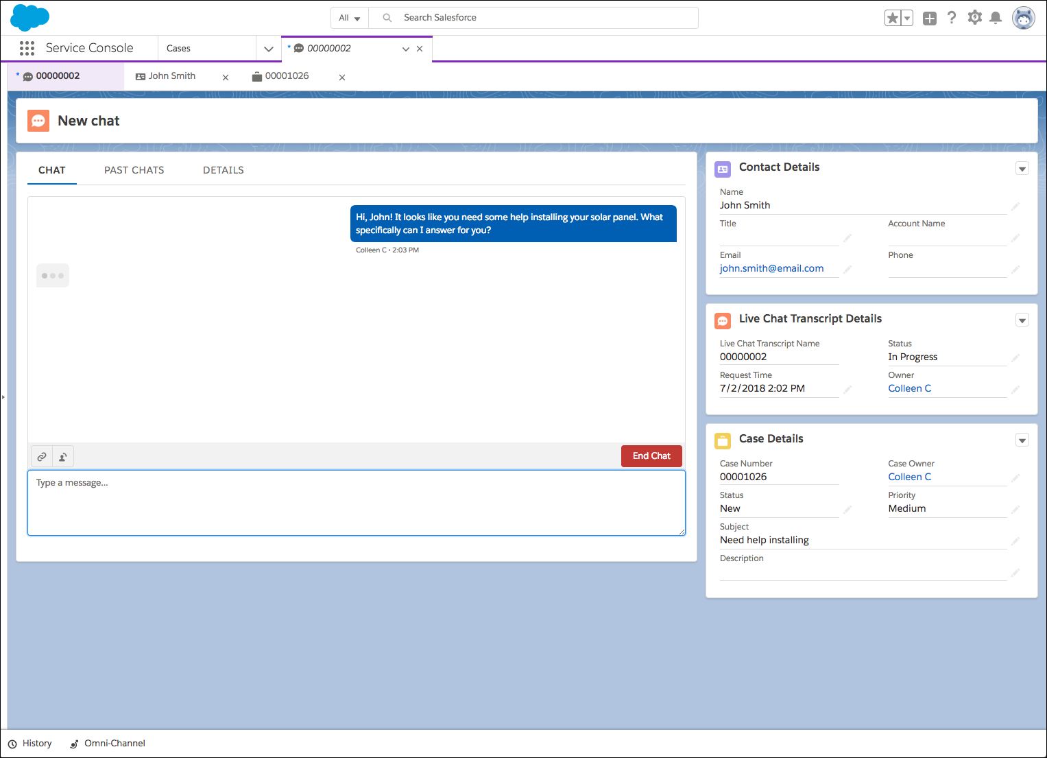 John Smith's contact and case records open alongside the chat in the console with the Service scenario