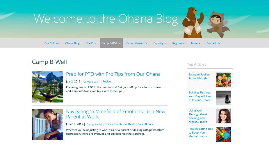 An image of the Salesforce Ohana blog, Salesforce’s internal blog where campfire stories for Camp B-Well are posted.