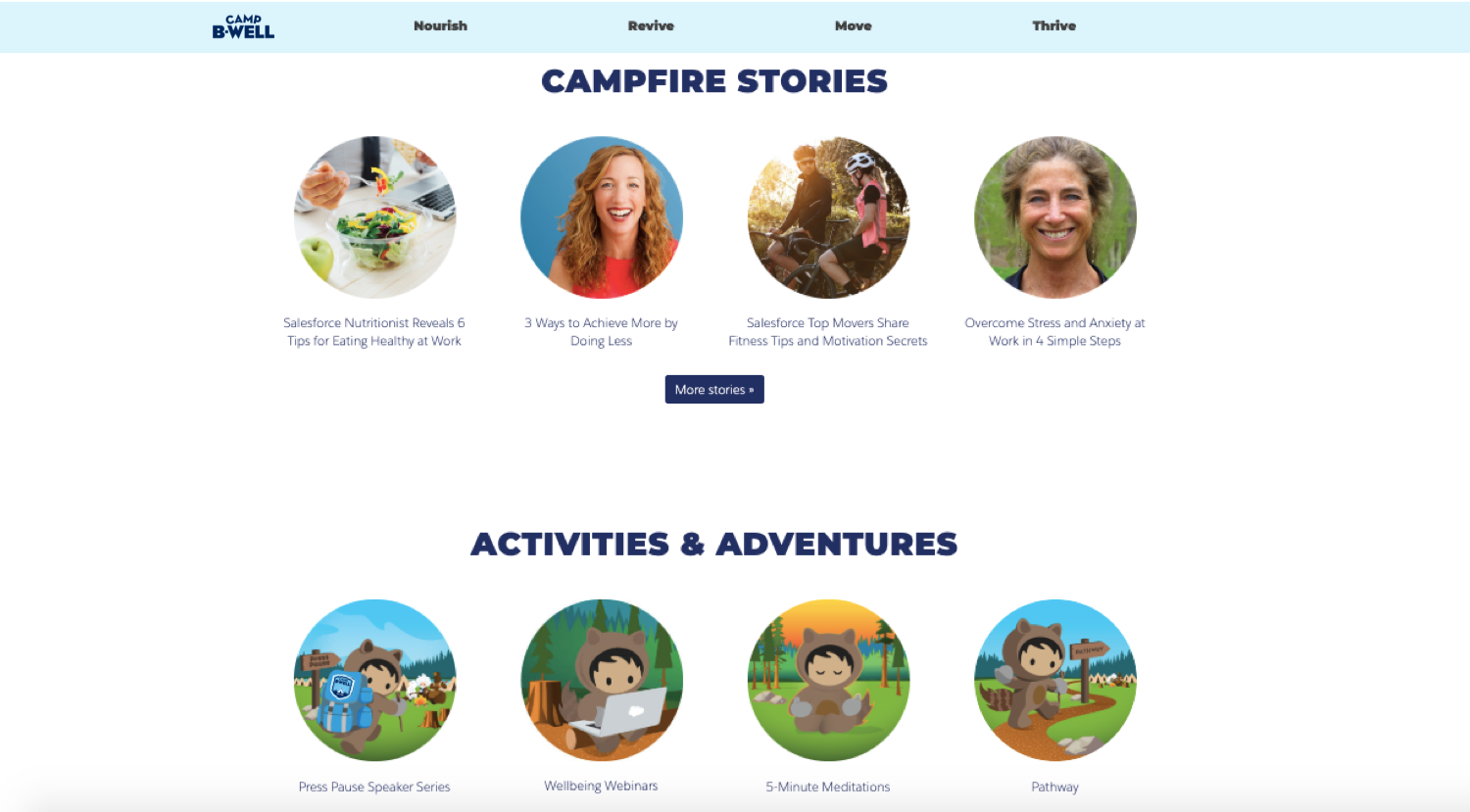 An image of the Camp B-Well website front page which highlights stories, activities and adventures, and more.