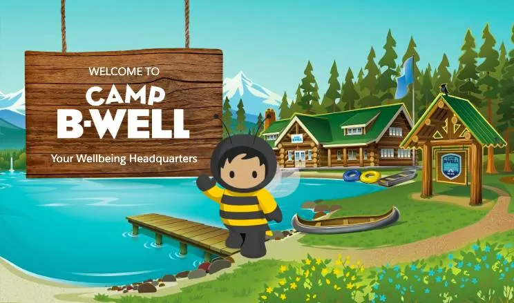 Placa “Bem-vindos ao Camp B-Well” com o Astro do Camp B-Well e a cabana do acampamento ao fundo.