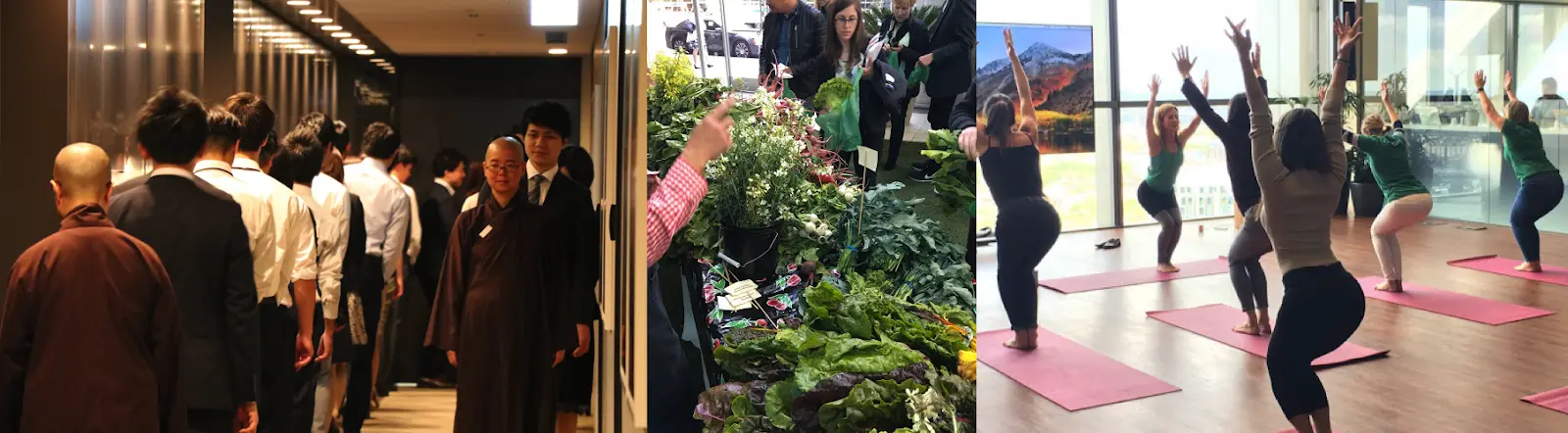 A collage of employees engaging in wellness activities including a mindfulness session, a farmer’s market, and a fitness class.