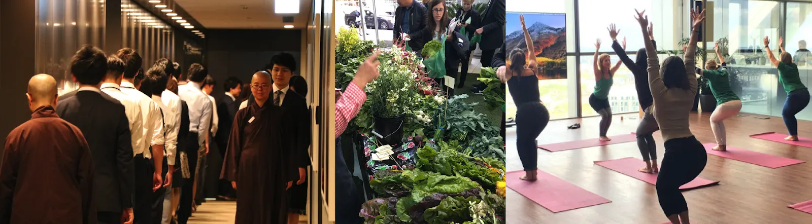 Un montaje de empleados participando en actividades de bienestar incluyendo una sesión de mindfulness, un mercado de agricultores y una clase de fitness.