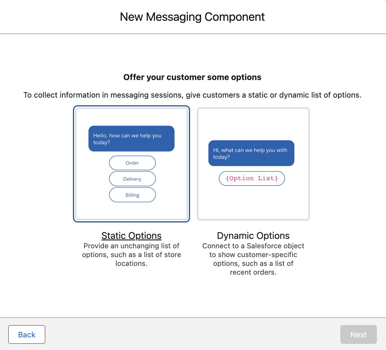 [Static Options (静的オプション)] が選択され、[Dynamic Options (動的オプション)] は選択されていないコンポーネント設定フロー画面
