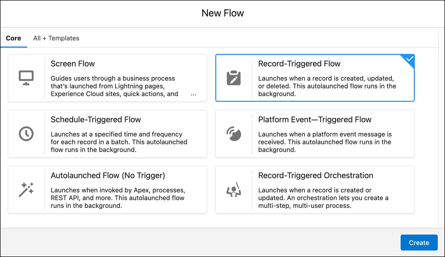 The New Flow screen with the Record-Triggered Flow option selected.