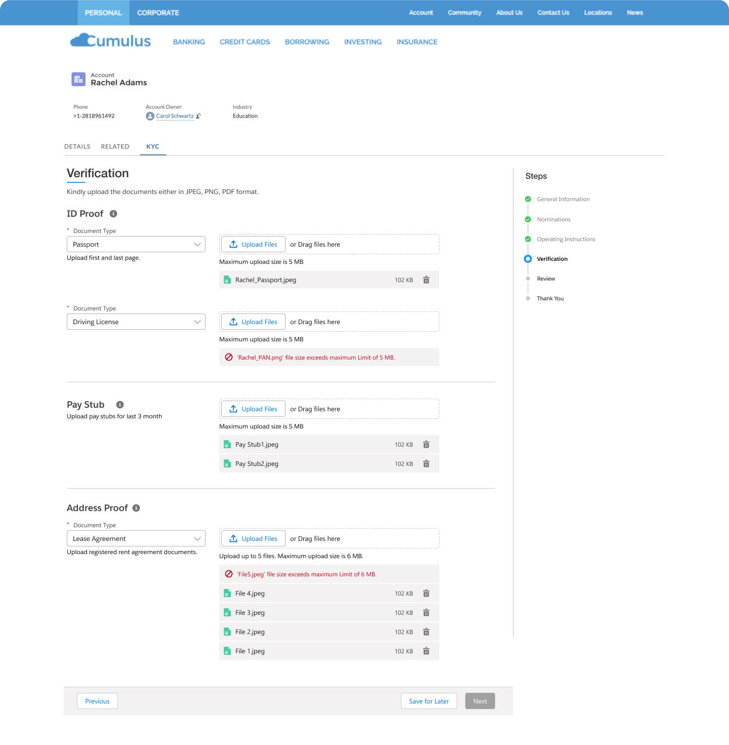 A digital verification form with document upload.