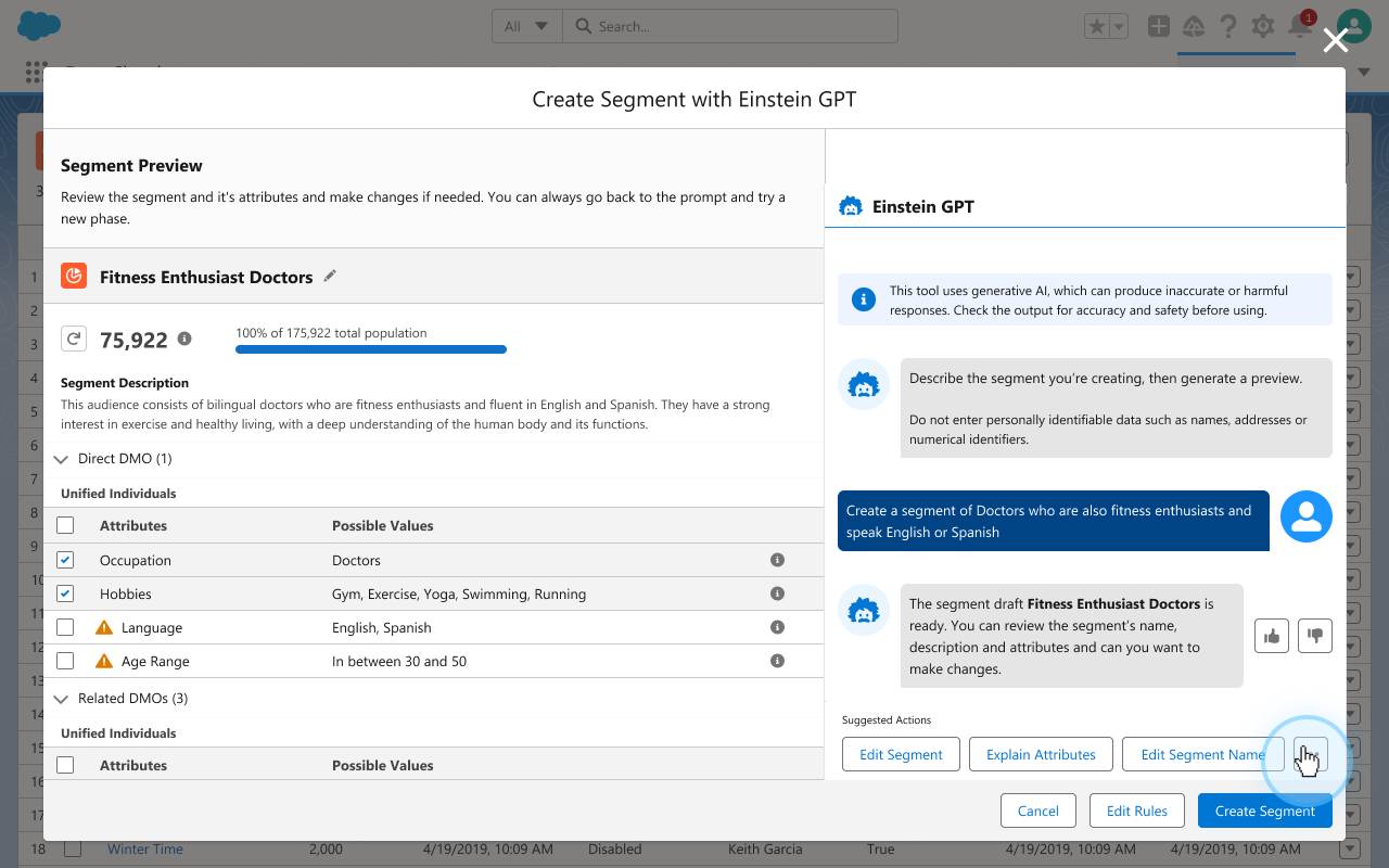 Create Segment with Einstein GPT screen.