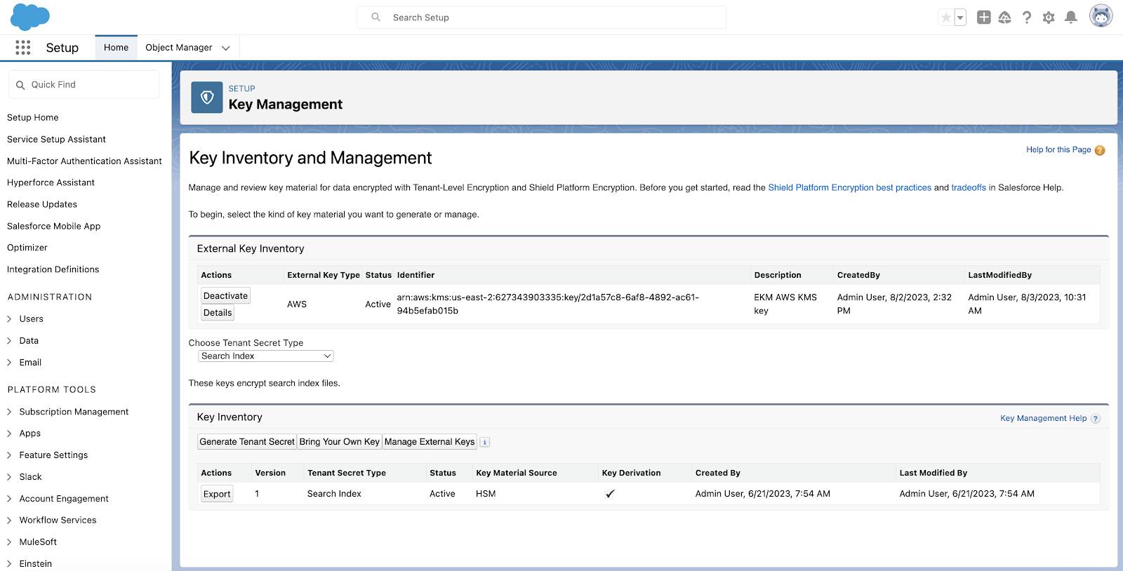 Key Inventory and Management screen in Setup.