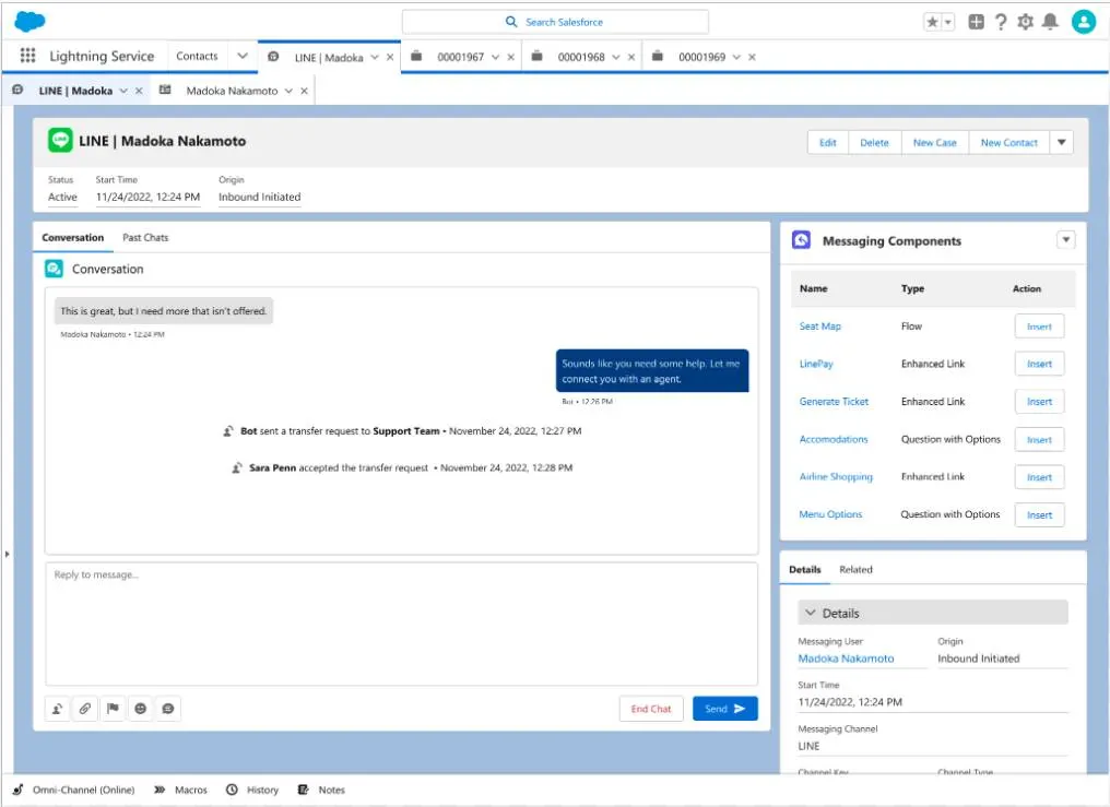 Customer conversation in Service Cloud workspace.