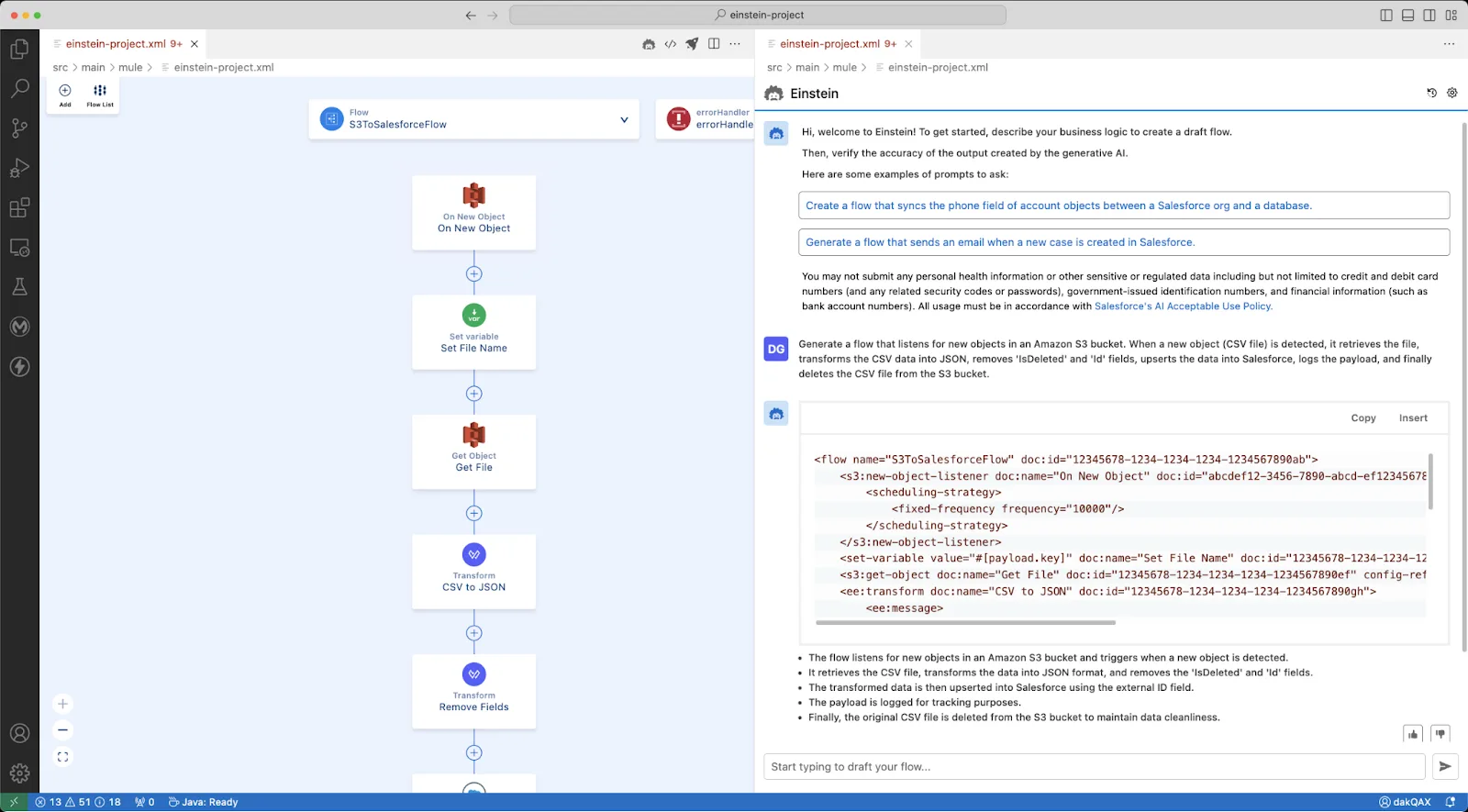 Example natural language prompt and generated code for an integration flow.