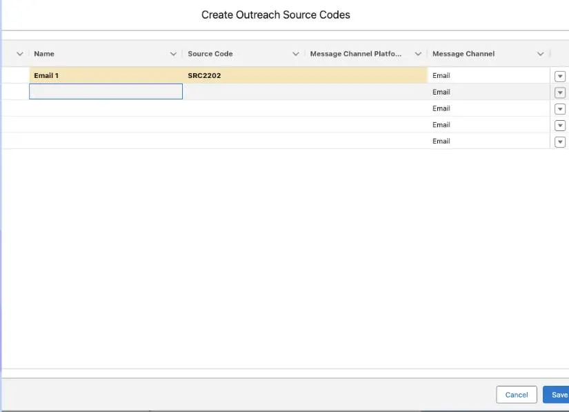 Create Outreach Source Codes page.