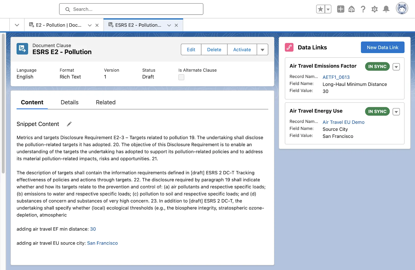 First draft of a pollution policies document showing version, status, data links, and more