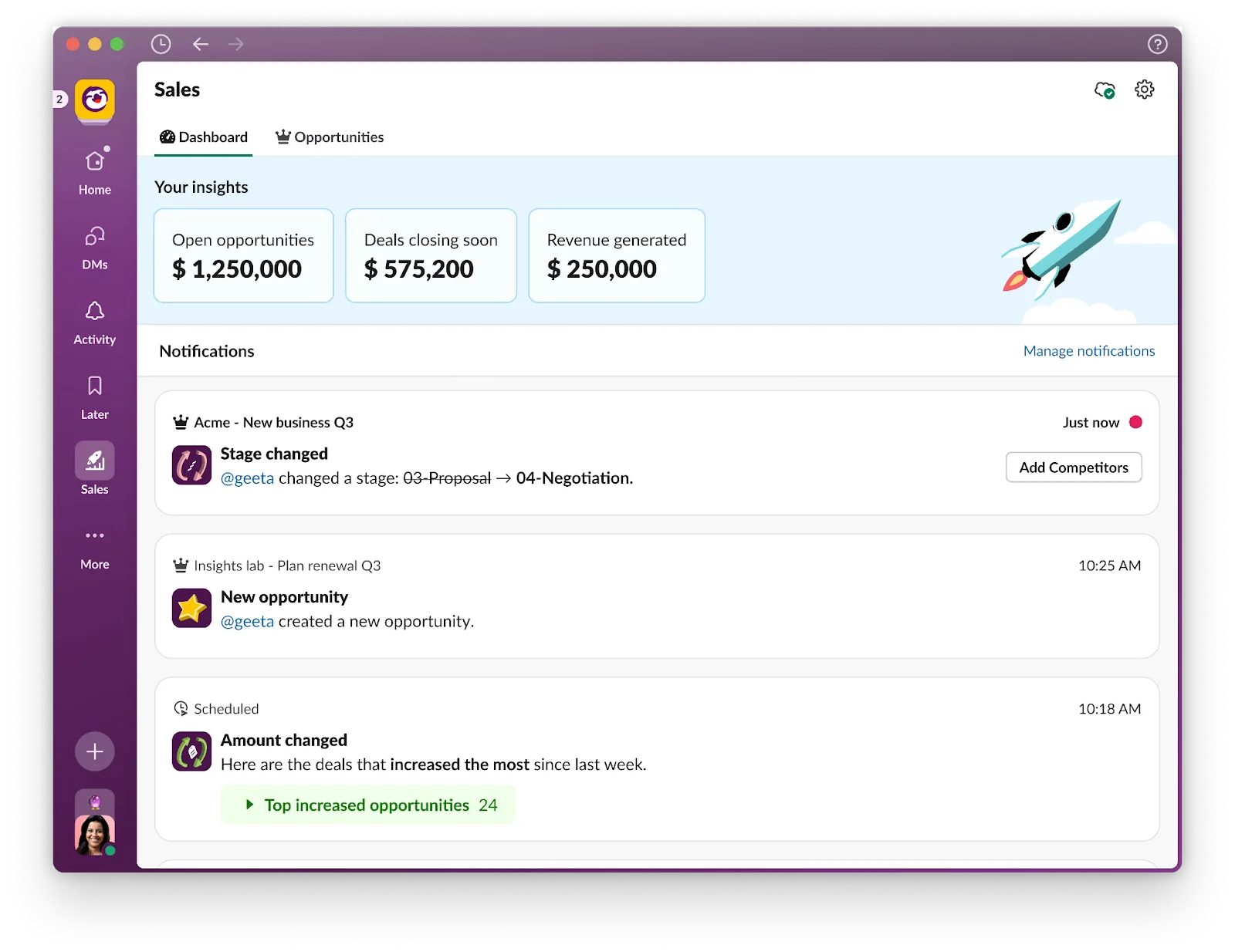 Sales Dashboard in Slack showing alerts for new business, plan renewal, and increased deals