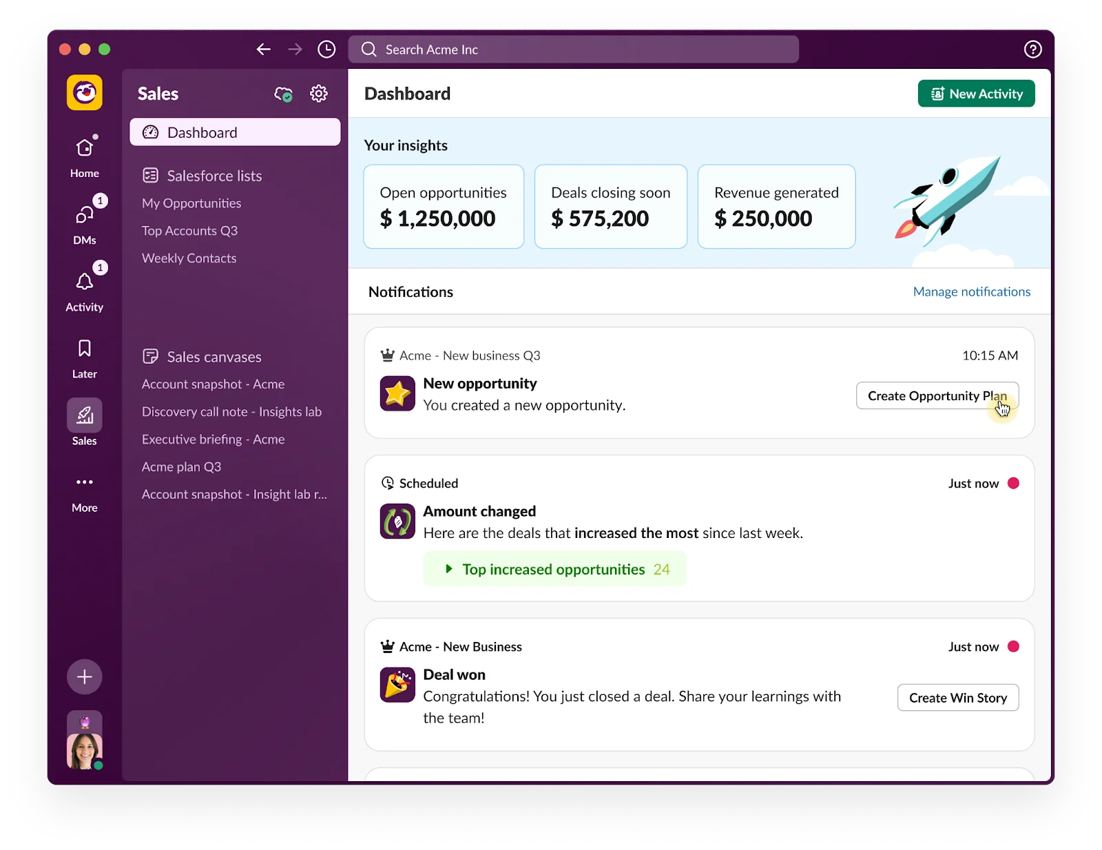 Dashboard with sales insights in Slack.