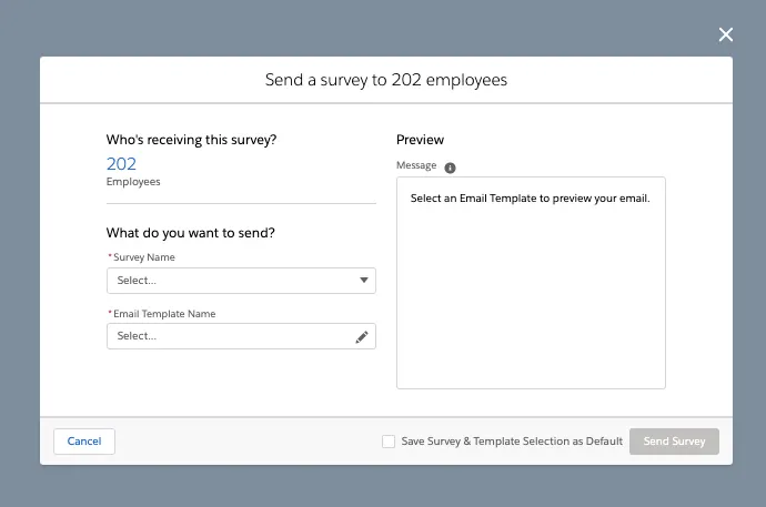 Employee Wellness Check window that allows you to select the survey and email template for employees