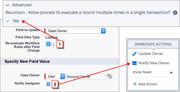 Representación visual de cómo opciones adicionales en actualizaciones de campo corresponden a ajustes en Process Builder