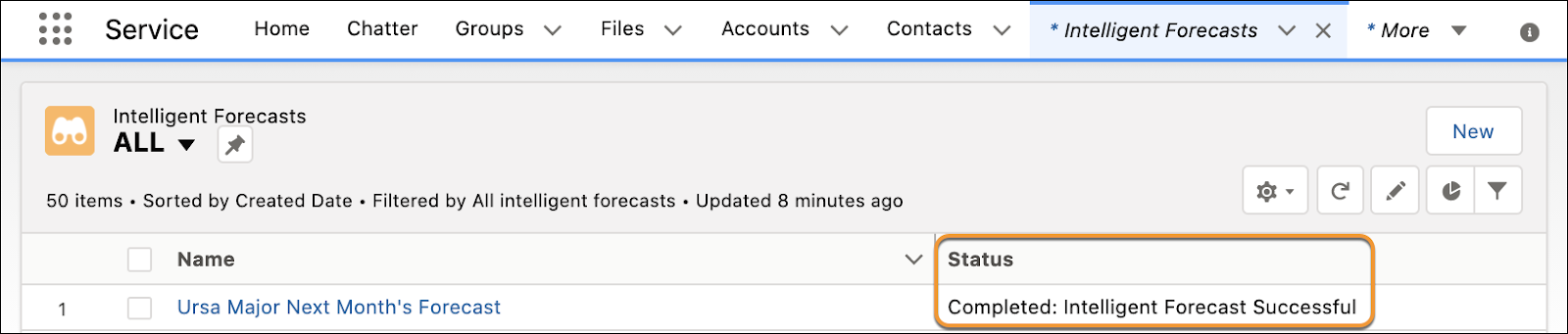 Intelligent Forecasts list view with the forecast’s status set to Completed: Intelligent Forecast Successful.