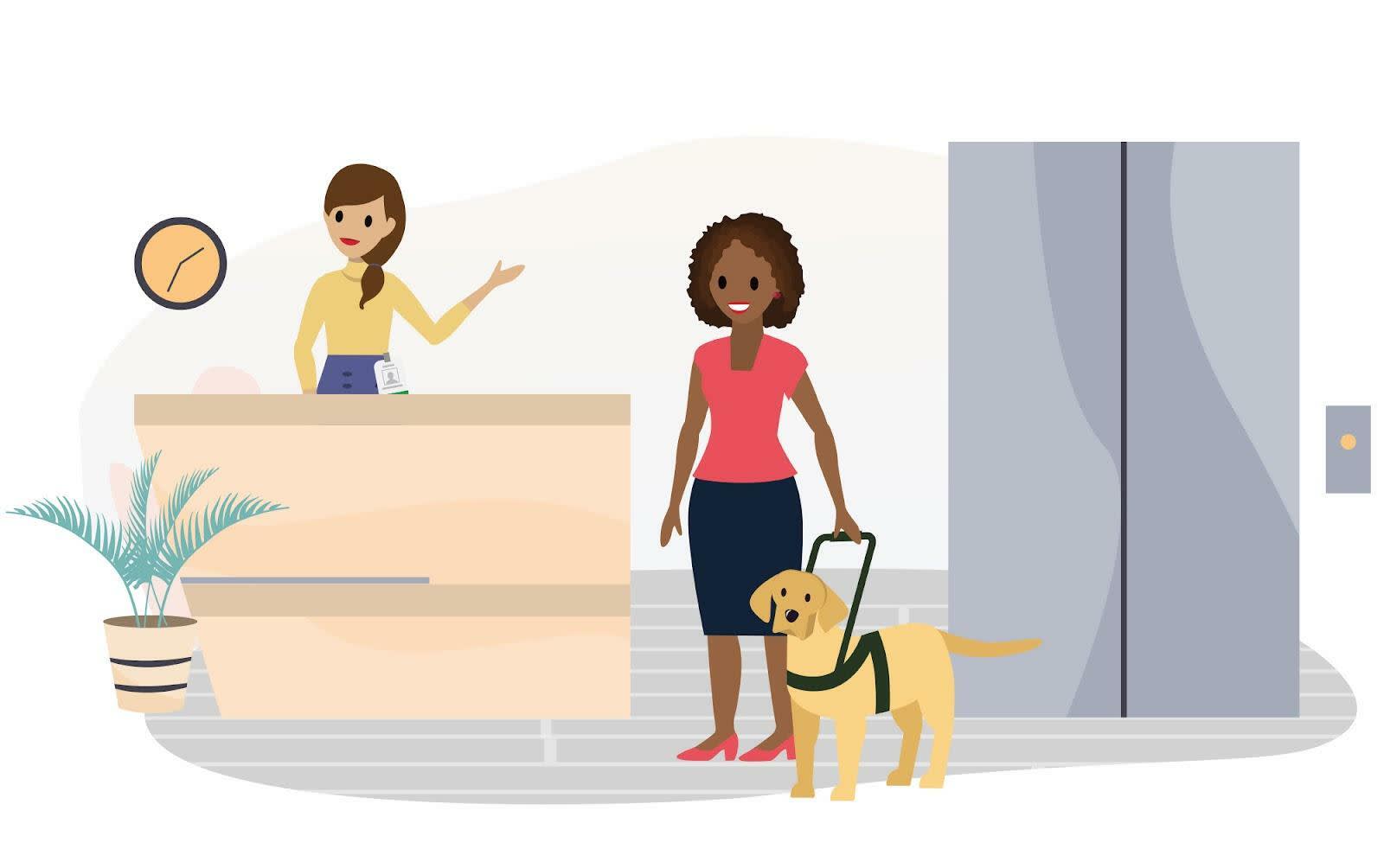 Receptionist in a lobby with a woman and guide dog.