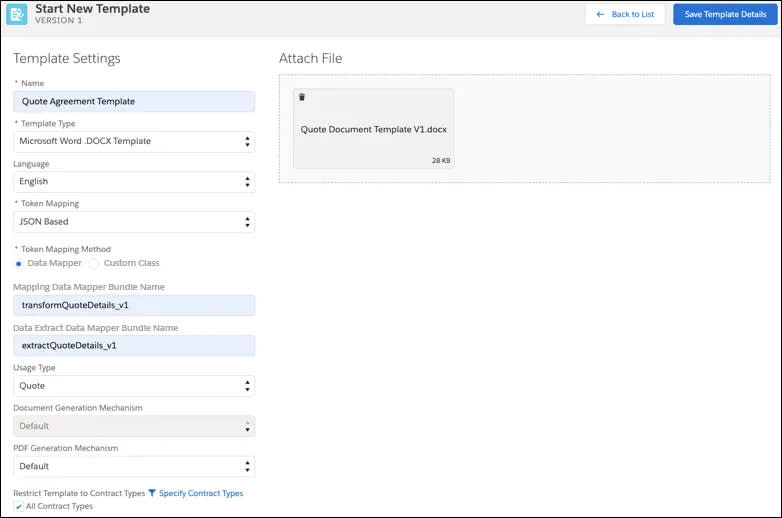 [Template Settings (テンプレート設定)] セクションと [Attach File (ファイル添付)] セクションが含まれる [Start New Template (新規テンプレートを開始)] 画面が表示されている Document Template Designer の UI